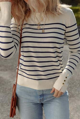 Urchics Womens Casual Sweater White Stripe Button Ribbed Cuffs Round Neck Casual Sweater3