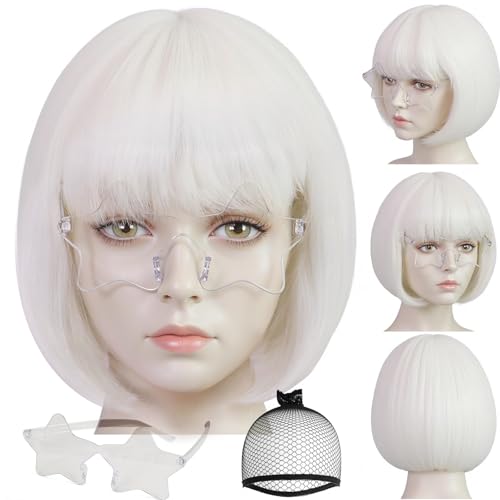 Image of ANOGOL White Bob Wig with Bangs Short White Wigs for Women Funny Costume | Hair Cap+ Sunglasses Short Neon Wig for Bachelorette Party Funny Wigs for Women Halloween Costume Night Club Crazy Hair Day
