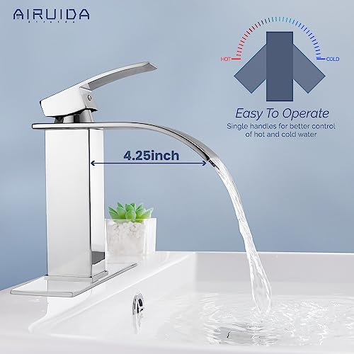 Airuida Chrome Polish Waterfall Spout Bathroom Faucet Single Handle Single Hole Bathroom Sink Faucet 1 Or 3 Holes Rv Lavatory Vanity Faucet Basin Mixer Tap With Deck Plate And Supply Lines #TOP2