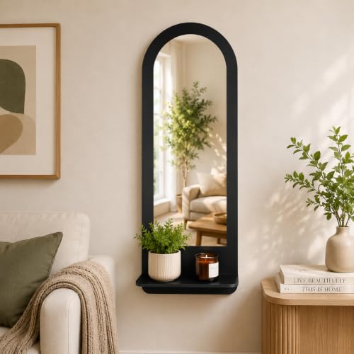 Image of Creative Arts n Frames 15x39 inch Wall Mount HD Framed Mirror with Shelf for Bathroom Bedroom Living Room Home Office Decor Items (Classic Black with Shelf Arch)