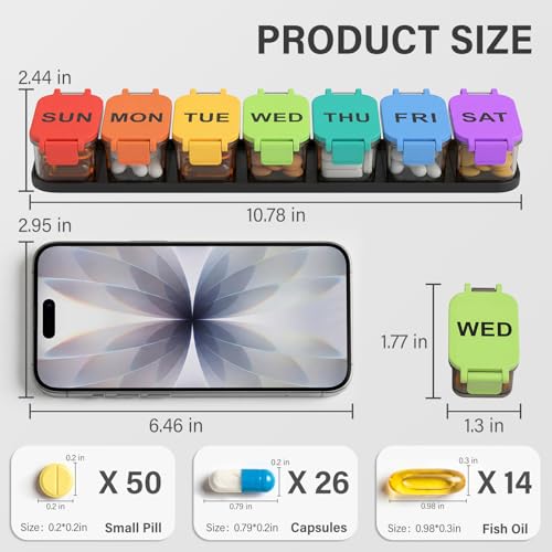 Image of Yaklim Extra Large Weekly Pill Organizer - Waterproof 7-Day Pill Box, Portable Vitamin & Supplement Case, Easy to Open Design, Ideal for Travel and Daily Medication Management (Rainbow, 2 Packs)
