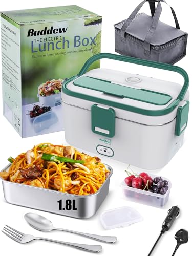 Buddew Electric Lunch Box 80W Food Heater 3 in 1 12V/24V/110-230V Portable Lunch Warmer(1.8L Large-Capacity) Heated Lunch Box for Car/Truck/Office with Carry Bag and Fork Spoon (Green)