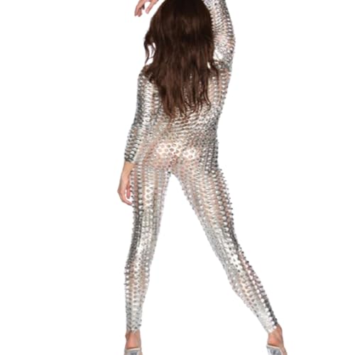 Image of PIYAEIE Women’s Sexy Hollow One Piece Bodysuit – Metallic Zip Front Catsuit