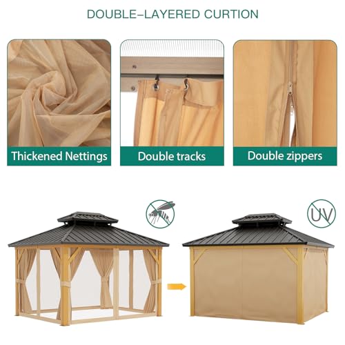 10x12ft Double Roof Hardtop Gazebo, Heavy Duty Galvanised Steel Hardtop Pavilion with Netting and Curtains, Faux Wood Grain Metal Gazebo for Patio, Terrace, Lawn and Deck, Wood Grain
