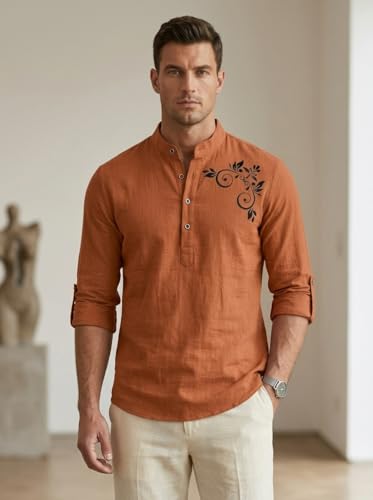 Image of DEEMOON Men's Full Sleeve Short Kurta Shirt with a Trendy Mandarin Collar Crafted from a Premium Cotton Blend for Comfort Ideal for Casual and Semi-Formal Occasions