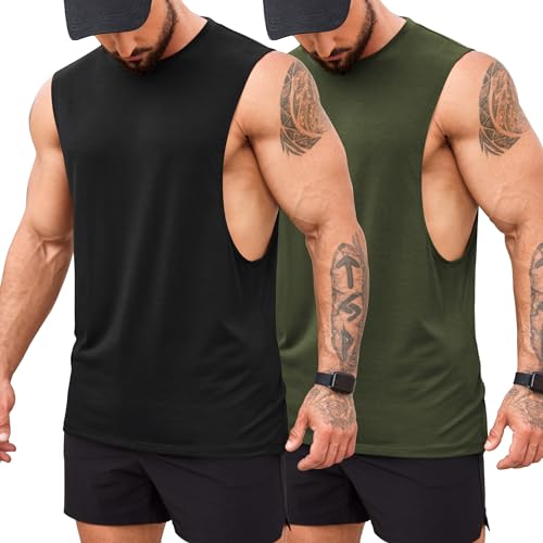 COOFANDY Men's Gym Tank Tops Bodybuilding Muscle Vest Workout Summer Fitness Sleeveless T Shirt Black Army Green S