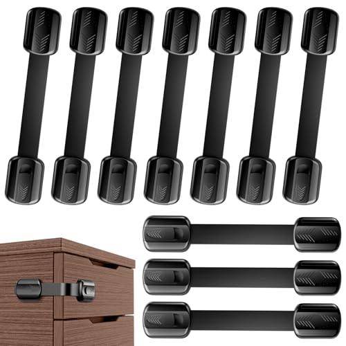 Kimsky Kit 10 Bambini Chiusure Sicurezza per Armadietto, Sicurezza Cassetti Bambini per Armadietto, Cassetto, Frigorifero, Blocca Cassetti per bambini, Nessuna perforazione con adesivo forte, Nero