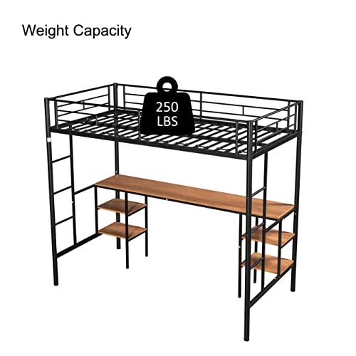 Metal Twin Loft Bed With Desk And Storage Shelves, Space-Saving Bed Frame With 2 Side Ladders And Safety Guard Rails For Kids Teens Adults, No Box Spring Needed #TOP3