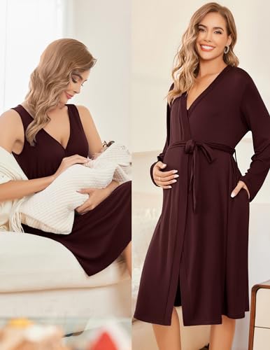 Image of Ekouaer Maternity Nursing Gown and Robe Set Labor Delivery Nursing Nightgowns for Breastfeeding Pregnancy Clothes