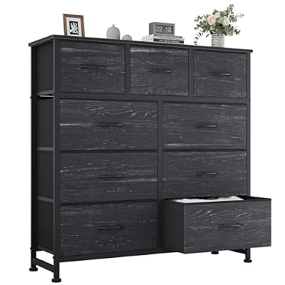 OLIXIS 9 Drawer Storage Dresser with Wood Top - Wide Fabric Chest Organizer for Bedroom, Closet, Living Room,Tower Cabinet, TV Stand, Hallway Entryway Furniture,Black Wood Grain