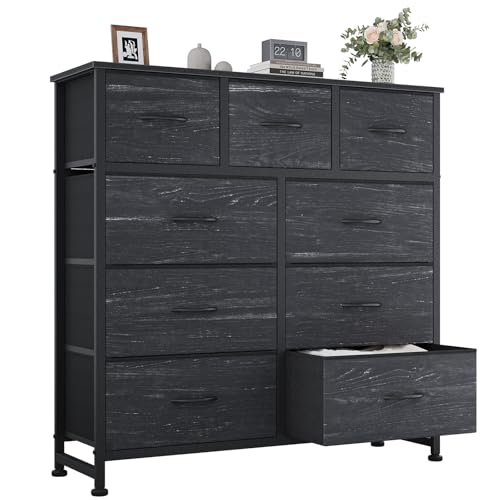 Image of OLIXIS 9 Drawer Storage Dresser with Wood Top - Wide Fabric Chest Organizer for Bedroom, Closet, Living Room,Tower Cabinet, TV Stand, Hallway Entryway Furniture,Black Wood Grain