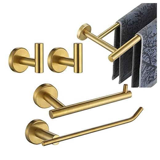 JQK Bathroom Hardware Set, 5-Piece Bath Accessories Set Brass Gold Wall Mount Includes 24 in Towel Bar, 9 in HT Bar, TP Holder, Towel Hook x 2 Brushed Gold, BAS105-BG