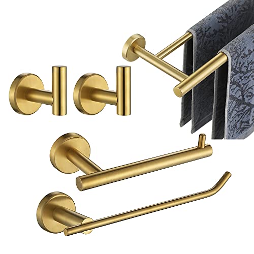 JQK Bathroom Hardware Set, 5-Piece Bath Accessories Set Brass Gold Wall Mount Includes 24 in Towel Bar, 9 in HT Bar, TP Holder, Towel Hook x 2 Brushed Gold, BAS105-BG by JQK - Used condition - US$54.81