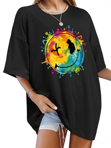 Image of WIEIYM Women's Oversized T-Shirt Summer Top Colourful Watercolour Smile Face Print Short Sleeve Crew Neck Casual Loose Fit Tee for Ladies S-XXL