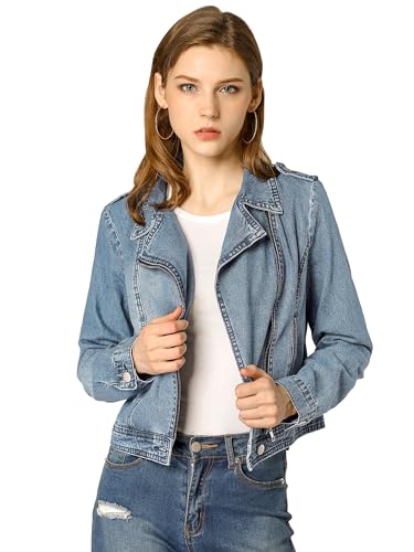 Allegra K Women Biker Notched Lapel Asymmetric Zip Moto Denim Jackets X-Large Blue