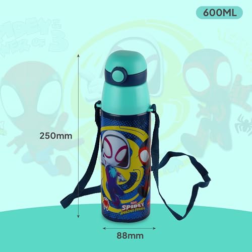 Image of CELLO Kidzbee Series Orb 600 Inner Steel Insulated Water Bottle, 500ml, Navy Blue | 3D Touch & Feel Web Warriors Design | Leakproof Flip Top Spout, Easy to Carry | Cold Water Bottle for Kids School