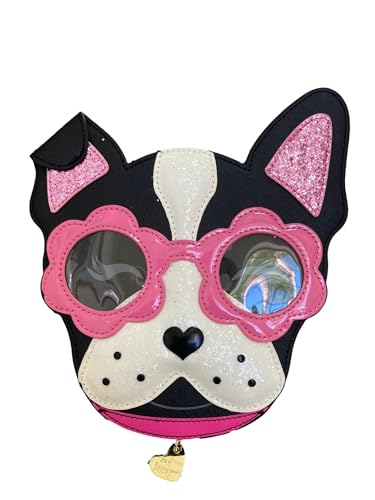 Betsey Johnson XO PUP Kitsch Puppy Dog With Sunglasses Pink Glitter Ears White Glitter Face & Snout With Black Heart Nose & Metal Gold Tone XOXO BETSEY Heart Dog Tag Crossbody Handbag