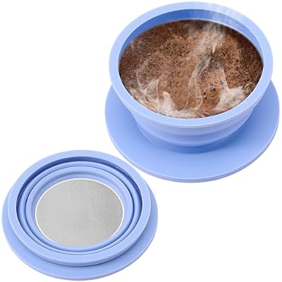 VVGCS Collapsible Paperless Pour Over Coffee Dripper, Single Cup Travel Pour Over Coffee Maker Camping, Portable Silicone PourOver Coffee Filter with Reusable Metal Mesh Filter (Blue)