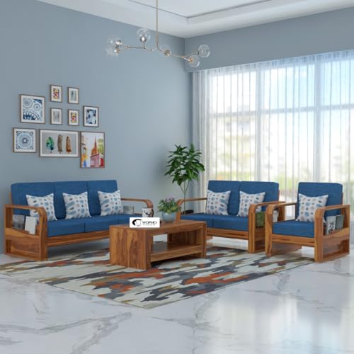 Image of Solid Sheesham Wooden 6 Seater Sofa Set for Living Room | Sofa Set with Side Pocket Storage & Cushion | Rosewood Sofa Set for Home (Honey with Blue Cushion, 6 Seater)