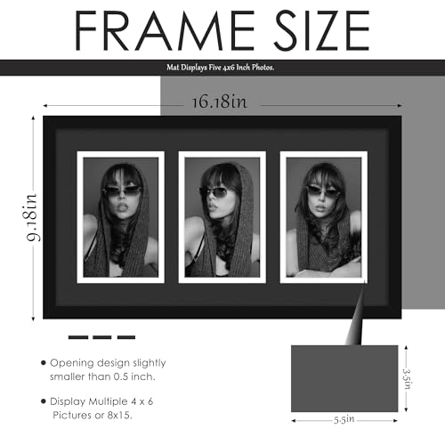 Image of DUENPY 8x15 Collage Picture Frame, 4x6 Collage Picture Frame, Displays Three 4x6 inch Photos, Wall Decor Wall Hanging or Tabletop, Black Mat.