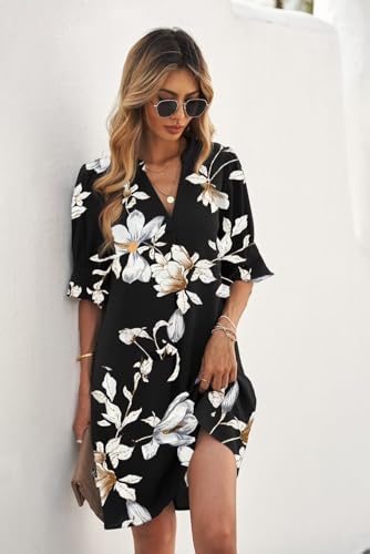 Image of QACOHU Summer Dresses for Women V Neck Ruffle Short Sleeve Casual Shift Dress