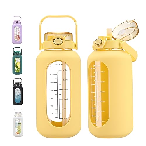 chunmo 74 oz Glass Water Bolttles with Straw Large Motivational Water Bottle with Time Marker Sports Water Bottles with Silicone Sleeve and Handle Lid 2.2L Water Jug for Gym Workout
