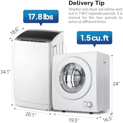ROVSUN 17.8LBS Full Automatic Washing Machine and 1.5CuFt Portable Clothes Dryer Set, Compact Laundry Washer and Dryer Combo Set with Stainless Steel Inner Tub, for Apartment, Dorms, Home - 2