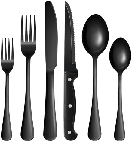 24-Piece Black Silverware Set with Steak Knives Black Stainless S...