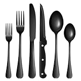 24-Piece Black Silverware Set with Steak Knives Black Stainless Steel Flatware Set for...
