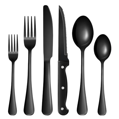24-Piece Black Silverware Set with Steak Knives Black Stainless Steel Flatware Set for 4 Food Grade Tableware Cutlery Set Rust-proof, Mirror Polished, Dishwasher Safe