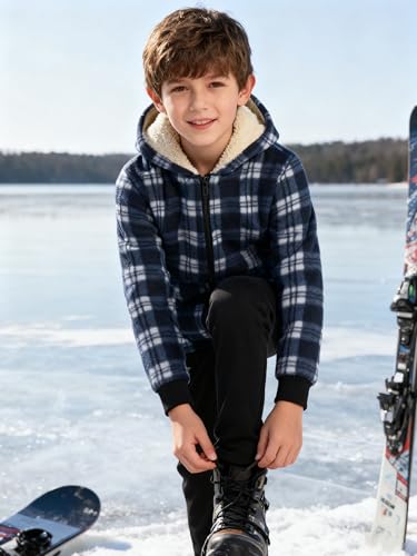 Image of Boys Fleece Jacket with Hood Unisex Child Sherpa Lined Zip Up Warm Coat Hooded Sweatshirt Outerwear