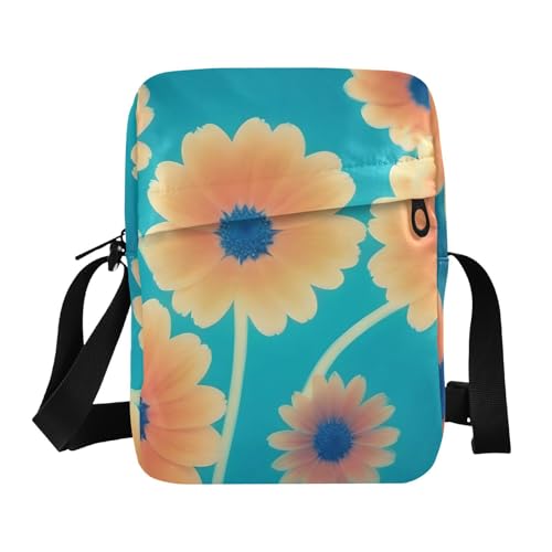 Crossbody Sling Bag for Women Men, Zipper Closure Messenger Bags Orange Flowers Print with Card Phone Passport Compartment 6.6×9.4×2.5 IN