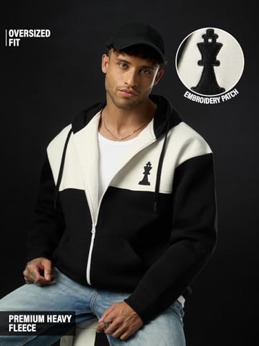 Image of The Souled Store: The King Men and Boys Full Sleeves Hooded Neck Black and White Cotton Blend Drop Shoulder Streetwear Trendy Premium Heavy Fleece Zipper Oversized Hoodie