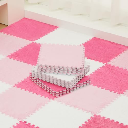 Amylove 72 Pieces Plush Foam Floor Mat Square Interlocking Carpet Tiles with Border 12 x 12 x 0.4 in Fluffy Play Mat Floor Tiles Soft Climbing Area Rugs for Home Playroom(White, Pink, Rose Red)