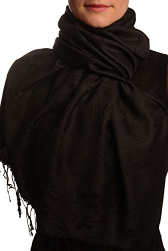 Châle pashmina noir feuilles de fougères grand format doux et chaud