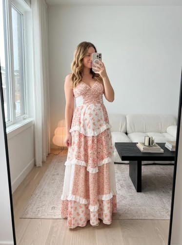 Image of Women Floral Maxi Dress Spaghetti Strap V Neck Patchwork Bohemian Flowy Dresses Summer Fall
