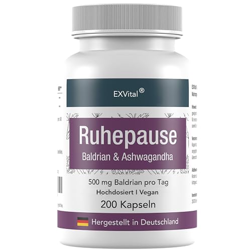 EXVital Ruhepause, mit Baldrian & Ashwagandha, Hochdosiert mit 500 mg Baldrian pro Tagesdosis, 200 vegane Kapseln reichen für 100 Tage! Frei von Zusätzen & in Deutschland hergestellt