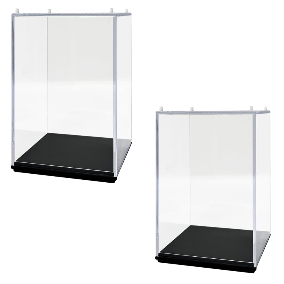 Owving 2Pcs Clear Acrylic Display Case with Black Base, Stackable with Card Slots 4 Inch Transparent Showcase for toys, Collectibles Dustproof Protection Store