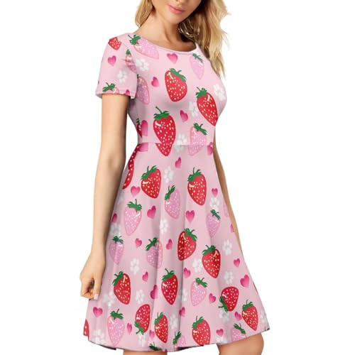 Image of AFPANQZ Summer Dresses for Women Casual T-Shirt Short Sleeve Dresses, Strawberry Paw Swing Flowy Beach Vacation Sundress for Vacation(S-4XL)