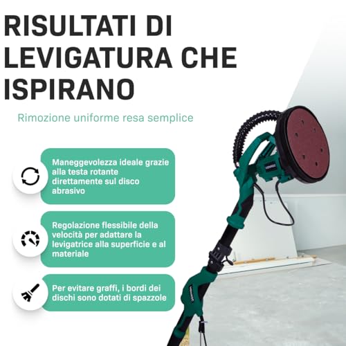 VONROC Levigatrice per muro e pareti 1050W - 6 carte abrasive, tubo di aspirazione, sacco di raccolta - Cavo 4 metri, testa girevole, impugnatura telescopica 180cm - Per un risultato uniforme - 3