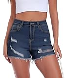 MARIASHA Women's Ripped Denim Shorts, Mid Rise Stretchy Short Jeans with Dual Pockets