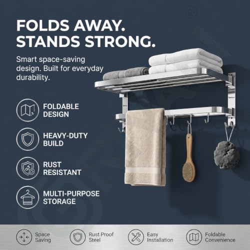 Image of GRIVAN Premium Stainless Steel Towel Stand in Bathroom | Foldable Bathroom Cloth Hangers for Wall | Towel Rack Holder in Bathroom Accessories Set (Silver Chrome, Pack of 2)