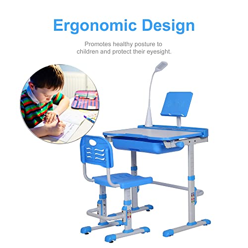 Smagreho Kids Desk And Chair Set, Height Adjustable Child's School Study Writing Tables With Tilt Desktop, Led Light, Storage Drawer, Book Stand (Blue) #TOP4