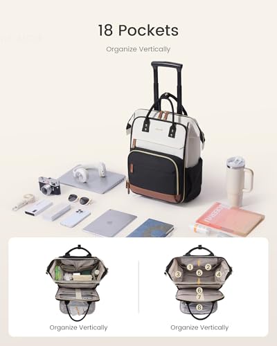 Image of LOVEVOOK Rolling Backpack for Women, Backpack with Wheels for Travel, 17 Inch Laptop Rolling Bag, Underseat Carry On Luggage Water Resistant Roller Bookbag for Work Business College Teacher