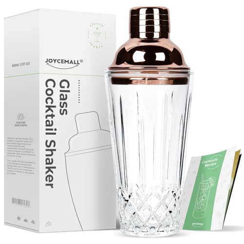 JOYCEMALL Shaker à cocktail en verre transparent 400 ml – Mixeur à cocktail avec couvercle doseur en acier inoxydable, passoire et boîte cadeau, idéal pour la maison, le bar, les fêtes et le whisky