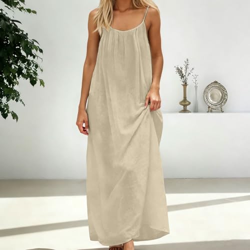 Vestido camisola sin espalda para mujer, de verano, manga casual, espalda descubierta, vestido maxi para playa, tirantes delgados, estilo bohemio, beige, L - imagen 2