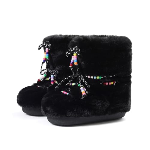 North Oak Womens Furry Snow Boots Mid Calf Black Boots Lace-up Faux Fur Winter Warm Non Slip Round Toe Comfortable Flats Shoes