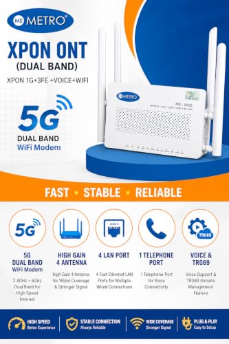 Image of Metro XPON Fiber Router | 4GE + 1VOICE + Dual Band WiFi | XPON Up to 1.2Gbps | Wi-Fi 2.4GHz, 5GHz | Dual Band ONT for BSNL, Railtel & Local ISP Supported