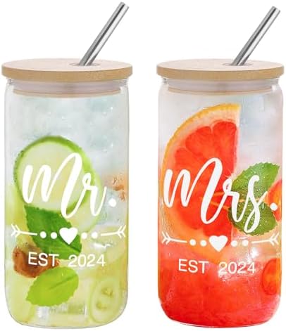 Iced Coffee Cups-Mr and Mrs Gifts Wedding Gifts for Couples 2024 Bridal Shower Gifts Mr and Mrs EST 2024 Glass Tumbler Set With Bamboo Lids & Straw Newlyweds Bride To Be Christmas Gifts for Couples