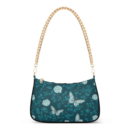 Clutch Shoulder Bags Tote Evening Purse Handbags for Women Aqua Butterfly Flower Hobo Bags with Zipper Closure